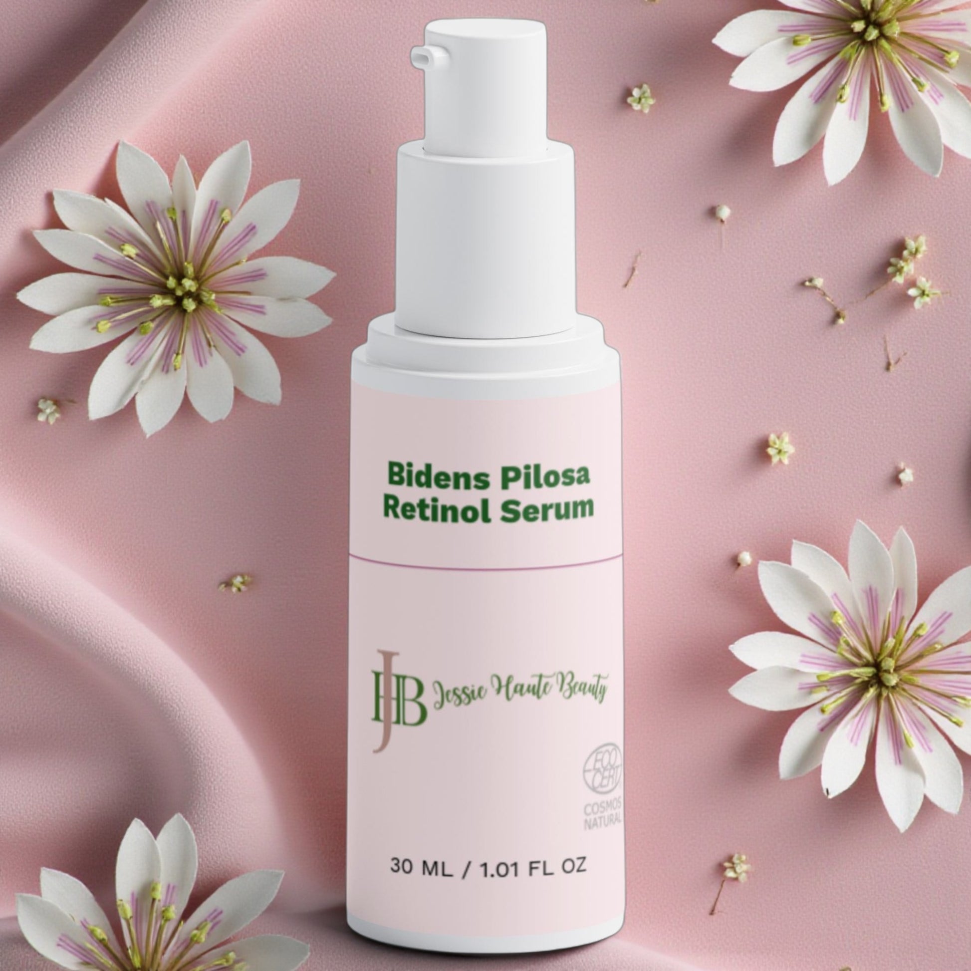 Jessie haute Beauty Bidens Pilosa Retinol Serum bottle with flowers on a pink background